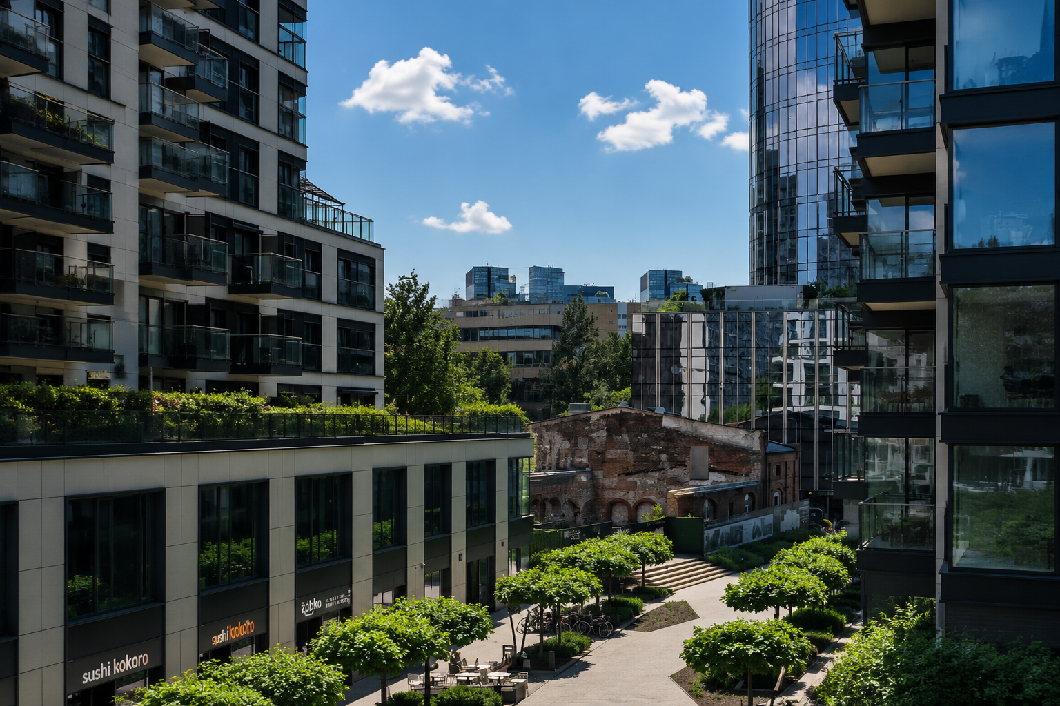 Modern Warsaw residential courtyard with contemporary apartment buildings